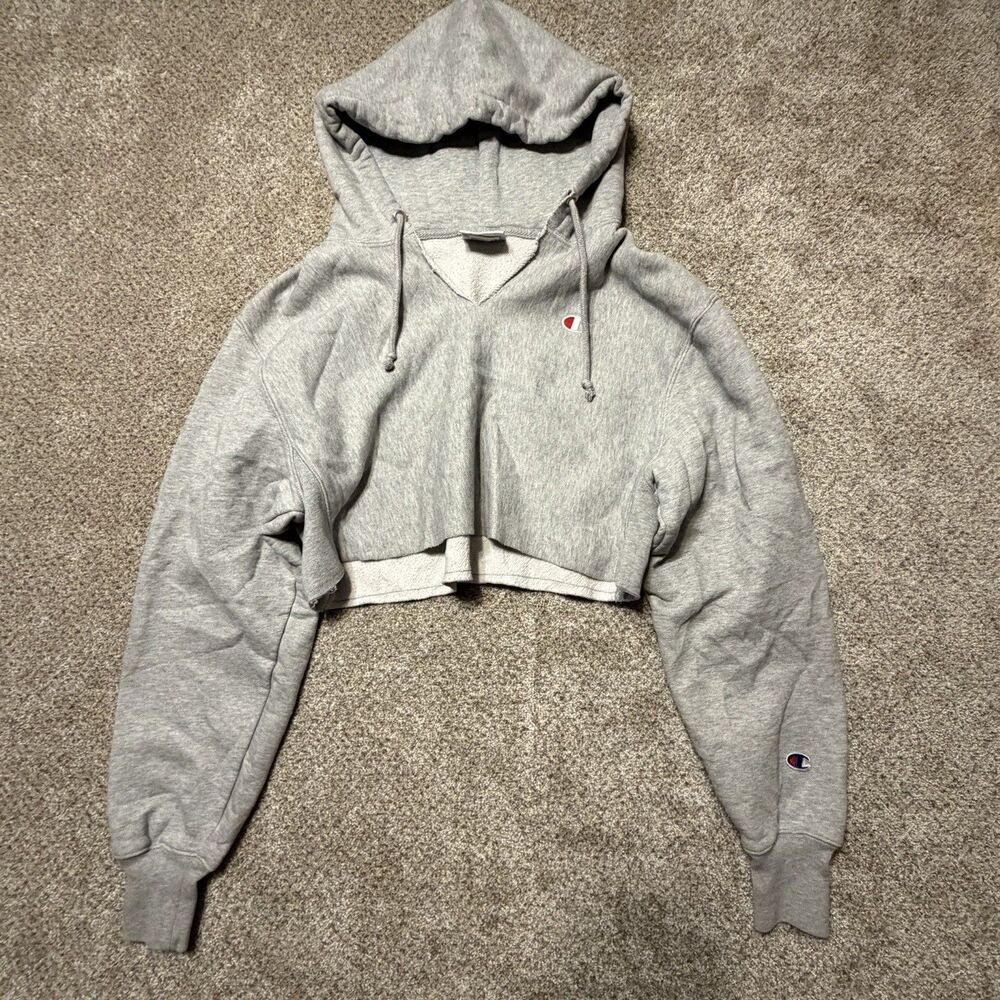 Champion Reverse Weave Cropped Hoodie Gray Sweatshirt Pullover Womens Small